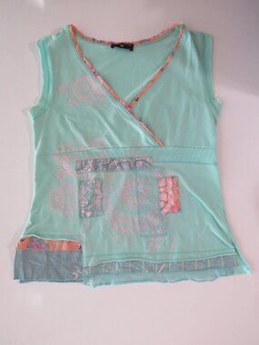 Vintage One Step Mint Green Patchwork Top, French Designer, Silk Trim, Wrap Fron